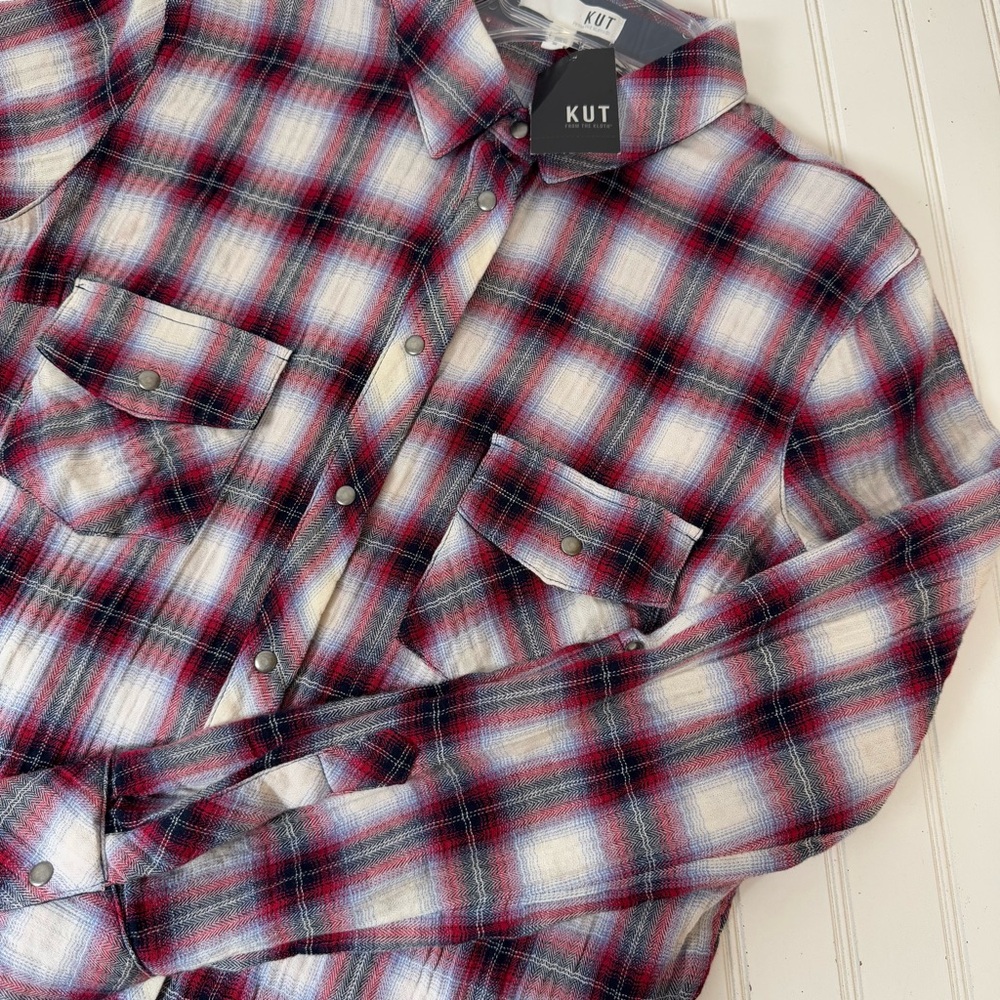 Kut  Kloth Women's M Plaid Snap Shirt Roll Tab‎ long Sleeves